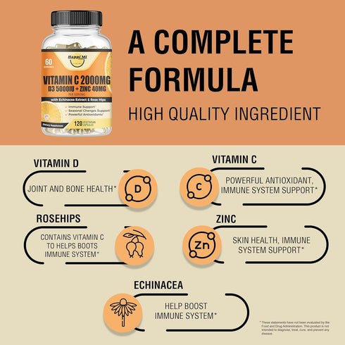 Vitamin C 2000MG, Zinc 40 mg, Vitamin D3 5000 IU, Echinacea Extract, Rose Hip, Immune Support for Adults & Kids, Immune Booster,120 Vegan Caps, 60...