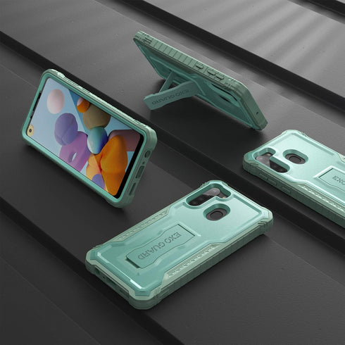 ExoGuard for Samsung Galaxy A21 Case, Rubber Shockproof Full-Body Cover Case Built-in Screen Protector and Kickstand Compatible with Samsung A21 P...