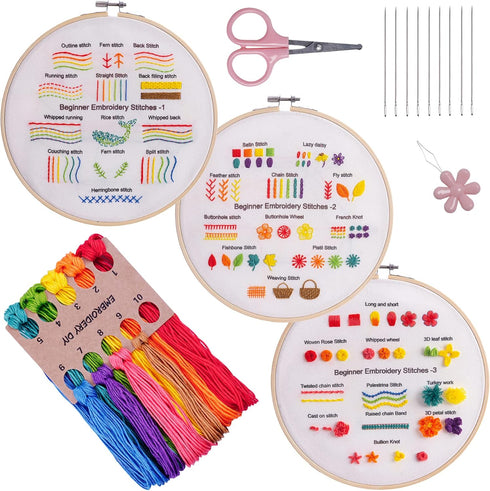 Fanryn Embroidery Kit for Beginners Beginner Embroidery Stitch Practice Kit, 3 Sets Embroidery Kit to Learn 35 Different Stitches for Craft Lover ...