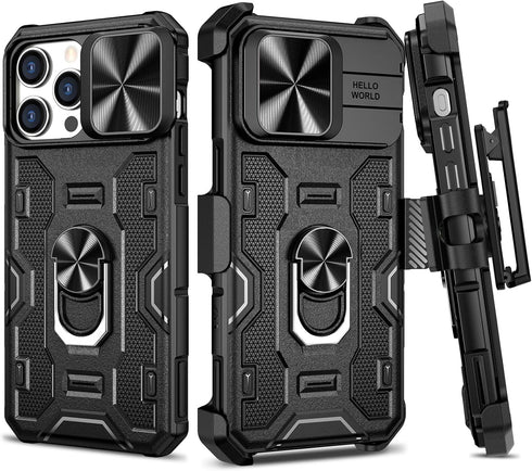 VEGO Armor Case for iPhone 15 Pro Max 5G 2023, Slide Camera Cover & Belt Clip Holster & Magnetic 360°Ring Kickstand Military Grade Heavy Duty Prot...