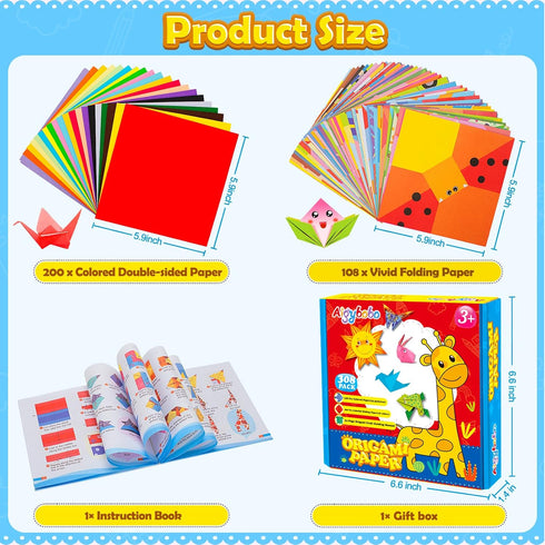 Aigybobo Origami Paper Set, 308PCS Kids Craft Paper Kit with Instructional Book for Girls Age 6,7,8,9,10,11,12, Art Projects Supplies for School C...