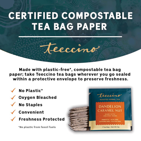 Teeccino Dandelion Caramel Nut Tea, 25 Tea Bags - Caffeine Free, Roasted Herbal Tea with Prebiotics, 3x More Herbs than Regular Tea Bags, Gluten F...