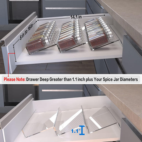 Spice Drawer Organizer, 6 Pcs Clear Acrylic In Drawer Seasoning Jars Rack, Expandable From 8" to 16" Kitchen Cabinets/Countertop Drawer Spice Rack...