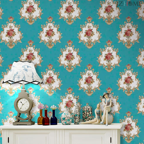 5482 Luxury Damask Peel and Stick Wallpaper 17.7"× 9.8ft Cyan Peony Floral Self Adhesive Contact Paper Removable Damask Furniture Decorative Paper...
