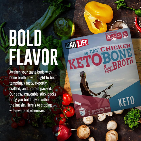 LonoLife Keto Chicken Bone Broth Powder Mix | 10g Protein | Collagen-Rich, Keto & Paleo Friendly | Natural Ingredients | 10 Portable Stick Pack Se...