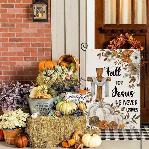 Fall Cross Garden Flags for Outside Decorations, Religious Cross Fall for Jesus with Pumpkins Maple Leaves Small Yard Flag, Harvest Autumn Thanksg...