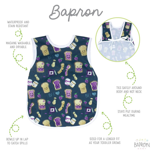 BapronBaby PBJ Pals Bapron - No Neck Tie Safer Bib for Baby & Toddler - Soft Waterproof Stain Resistant - Machine Washable - Sz Baby/Toddler 6m-3T...
