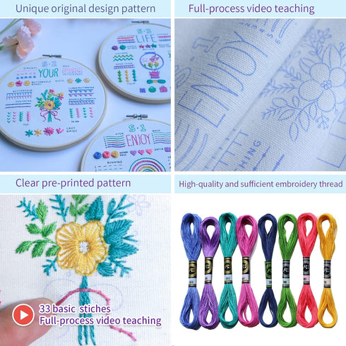 ETSPIL 3 Sets Embroidery kit for Beginners Adults?Learn 33 Different Stitches DIY Kits ?includes Stamped Flower Pattern, Hoop, Color Threads,Tools...