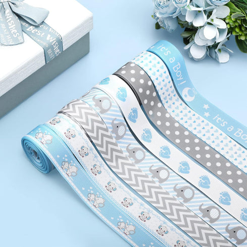 8 Roll Baby Elephant Grosgrain Ribbon 7/8 Inch Baby Shower Craft Ribbon It's a Boy/Girl Foot Print Ribbon for Gift Wrapping Baby Shower Gender Rev...