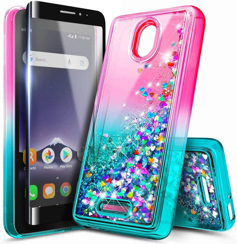 NZND Case for Wiko Ride 2 (U520AS) with Tempered Glass Screen Protector (Full Coverage), Glitter Liquid Floating Waterfall Girls Cute Phone Case C...