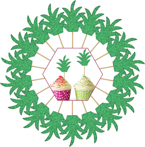 48 Pieces Green Pineapple Palm Leaf Cupcake Toppers Glitter Tropical Food Cocktail Picks Luna Toothpicks Hawaii Cake Decorations Donut Decor for S...
