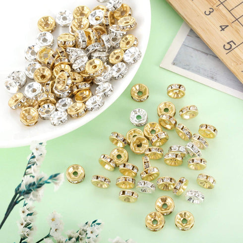 Bememo 200 Pieces 8mm Rondelle Beads Crystal Spacer Beads Loose Beads for Jewelry Bracelets Making (Golden and Silvery)...