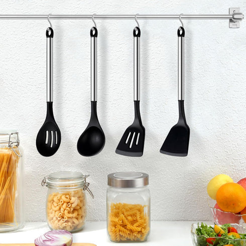 Pleafind 4-Pcs Silicone Cooking Utensils Set, Wok Utensils Set Include Wok Ladle, Slotted Spoon, Solid Spatula and Slotted Spatula, Silicone and S...