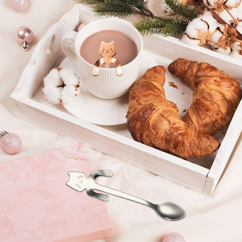12 Pcs Cat Spoon Tea Spoon Valentines Day Spoons Stainless Steel Mini Long Coffee Spoons Teaspoon Cute Kitten Stirring Spoon 2 Different Lengths D...