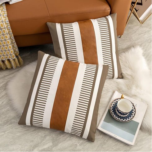 Pack of 2 Farmhouse Decorative Throw Pillow Covers 18x18 Modern Faux Leather Accent Cushion Cover,Rustic Stripe Pillowcase for Living Room Sofa Be...