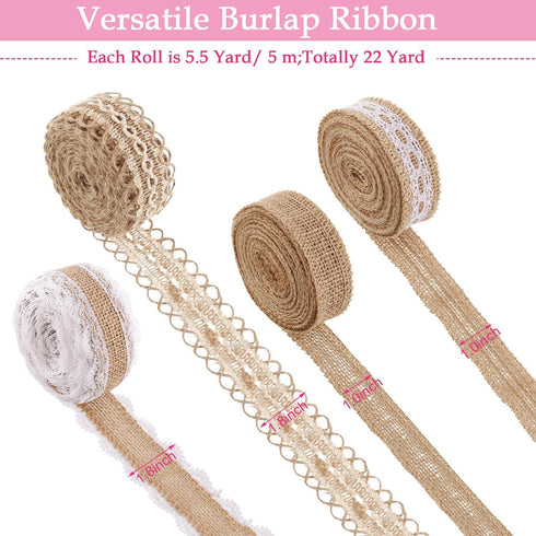 4 Rolls Burlap Ribbon Lace Roll Crafts Ribbon with 32 Feet Twine Rope for Wedding Christmas Decoration DIY Handmade Crafts, 5.5 Yards for Each Rol...
