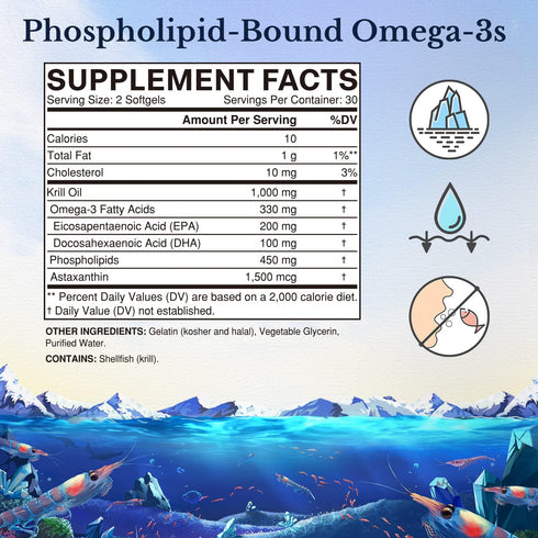 VITALITOWN Antarctic Krill Oil 1000mg, with Omega-3s EPA & DHA, Antioxidant Astaxanthin, No Fishy Odor or Aftertaste, Support Brain, Heart, Eye He...