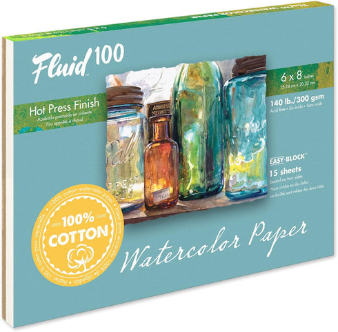 Fluid 100 Watercolor Paper Block, 6 x 8 inches, 15 Sheets, 140 lb (300 GSM) 100% Cotton Hot Press Pad for Artist Painting and Wet Media...