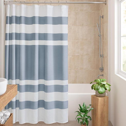 Madison Park Shower Curtain Waffle Weave Striped Pieced Design Fabric Shower Curtains for Bathroom with 3M Scotchgard Moisture Management Premium ...