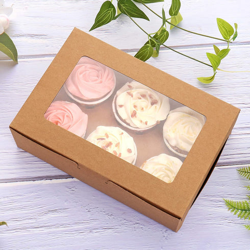 30-Set Cupcake Boxes with Inserts and Window Hold 6 Cupcakes, 9.4'' x 6.3'' x 3'', Brown Food Grade Kraft Cupcake Holder for Cookies, Muffins, Bak...