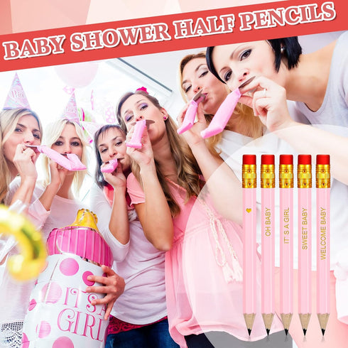 Crtiin 50 Pieces Baby Shower Pencils for Games Golf Half Pencils Mini Pencils for Baby Shower Girl Boy Presharpened Pencils with Erasers for Weddi...