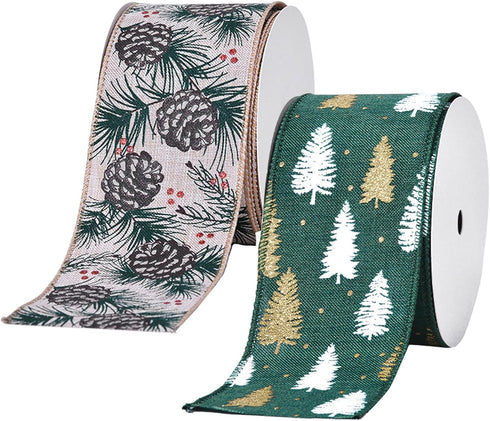 20 Yard Christmas Tree Wired Edge Ribbons 2 Rolls Pineapple Glitter Wire Craft Ribbon for DIY Christmas Wreaths Bows Wrapping Present Decoration, ...