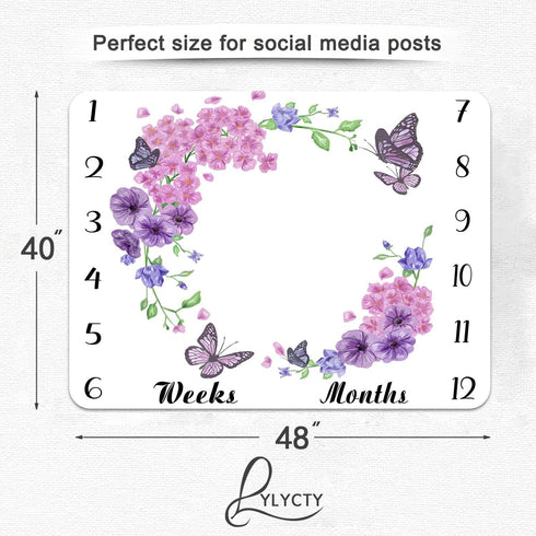 Baby Age Blanket Purple Floral Butterfly Baby Monthly Milestone Blanket Newborn Photo Baby Memory Blanket for Girls 48x40 Inch Baby Growth Chart S...
