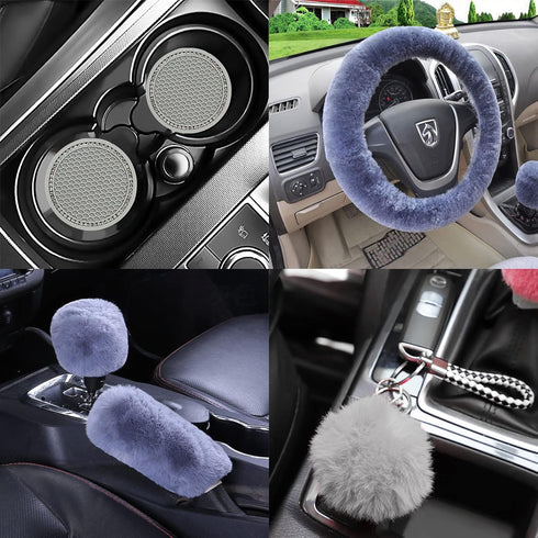 1 Set 9 Pieces Fluffy Steering Wheel Covers Soft Fur Fuzzy Steering Wheel Covers for Women and Girls 15 Inch, Gray...