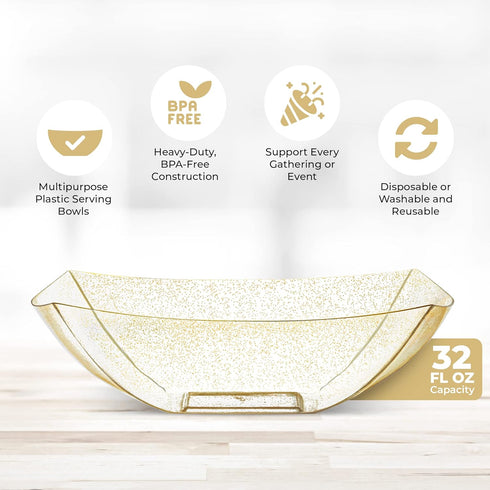 Posh Setting Square Plastic Serving Bowls, Medium Gold Glitter Plastic Serving Bowls, 4 Pack Plastic Disposable Party Snack, Buffet, Chips, or Sal...