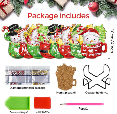 8 PCS Christmas Diamond Art Coasters Christmas Hot Cocoa Diamond Art Coasters Kits with Holder Santa Claus Snowman DIY Coasters for Beginners, Adu...