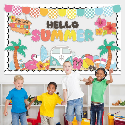 Hello Summer Bulletin Board Decoration Set Summer Theme Bulletin Board Borders Beach Paper Cutouts Summertime Bulletin Boarder for Hello Summer Tr...