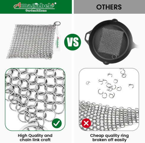 AMAGABELI GARDEN & HOME 10”x10” Stainless Steel Cast Iron Cleaner Chainmail Scrubber for Cast Iron Pan Skillet Cleaner for Dishes Cast Iron Pot Co...