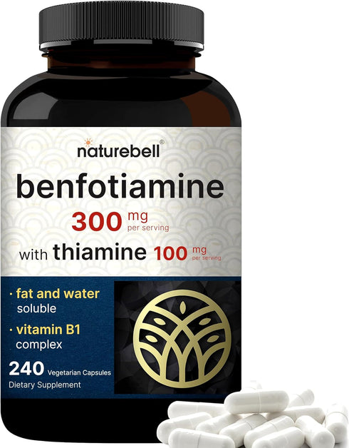 NatureBell Benfotiamine 300mg with Thiamine 100mg Per Serving | 240 Veggie Capsules – Essential Vitamin B1 Benfotiamine Supplement – Vegetarian Fr...