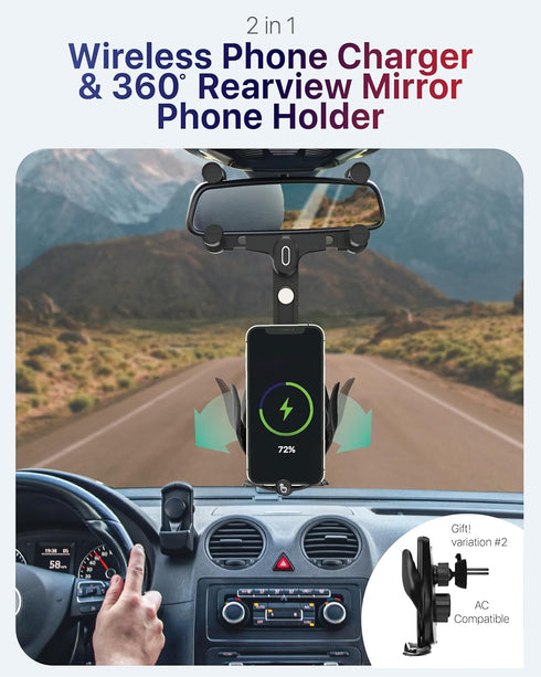 2in1 Rear View Mirror Phone Holder + Wireless Car Charger 360 Rearview Mirror Phone Mount w/Automatic Clamping and Release, Rotatable & Retractabl...