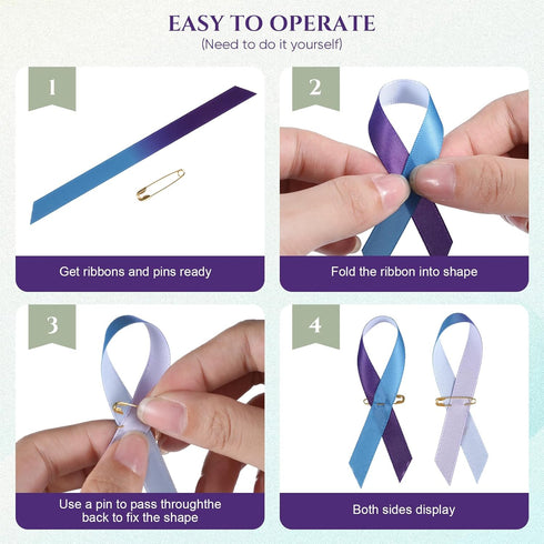 Hanaive 300 Pcs Suicide Prevention Awareness Purple Blue Ribbons Pins Wired Fabric Ribbons with Safety Pins Lapel Pin Satin Ribbon for Charity Pub...