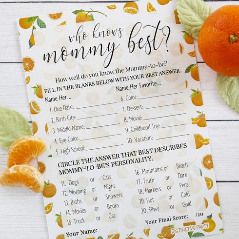 DISTINCTIVS Orange Little Cutie Baby Shower Game, Who Knows Mommy Best Game Cards - 20 Count, Little Cutie Gender Reveal Games...