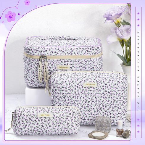 3 Pcs Quilted Makeup Bag Large Cosmetic Bag Floral Makeup Bag Travel Aesthetic Cute Kawaii Toiletry Cosmetic Pouch with Zipper for Women Gifts Hom...