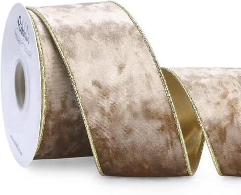Ribbli Camel Velvet Wired Ribbon 2.5 Inch Metallic Khaki Gold Crushed Velvet Christmas Ribbon for Gift Wrapping Christmas Tree Decoration Crafts W...