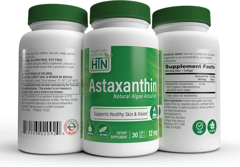 Health Thru Nutrition Astaxanthin Triple Strength 12mg 30 Softgels | AstaZine from Algae Organically Grown in Pristine Himalayan Water | Skin and ...