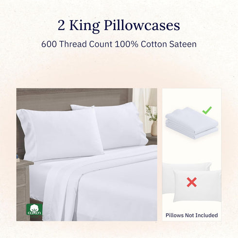 California Design Den Luxuriously Soft 600 Thread Count 100% Cotton King Size White Pillowcase Set of 2, Fits King Pillows...