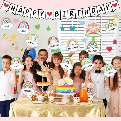 65 Pcs Birthday Bulletin Board Set Rainbow Classroom Happy Boho Birthday Chart Cutouts Decorations Decor Board for Classroom Home Calendar Bulleti...