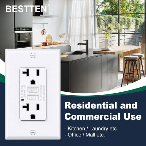 BESTTEN GFCI Outlet 20 Amp, GFI Electrical Receptacle with LED Indicator, 20A Non-Tamper-Resistant Ground Fault Circuit Interrupter, Wallplate Inc...