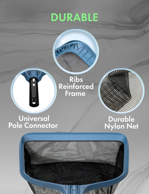 KEMANO Professional Pool Leaf Rake, Heavy Duty Cleaning Tool with Deep Fine Nylon Mesh Net Bag, Debris Pickup, Works with Universal Pool Pole...