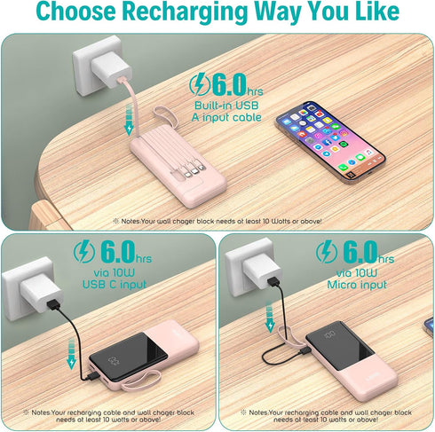 Portable Charger with Built in Cables,10000mAh Slim USB C Power Bank,5 Output 3 Input LED Display High Speed External Battery Pack Travel Phone Ch...