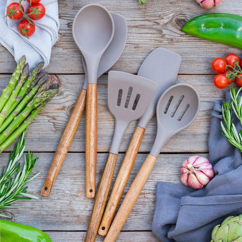 Kitchen Utensils Set, Silicone Cooking Utensils Set,Non-Stick Silicone Spatula Set with Natural Acacia Hard Wood Handle, 5 Piece, Upgraded Thicken...