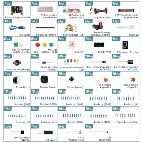 Electronics Component Fun Kit for Arduino with Power Supply Module, Jumper Wire,Precision Potentiometer,830 tie-Points Breadboard Compatible with ...