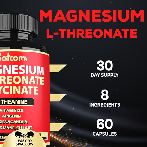 Satoomi 8in1 Magnesium L-Threonate and Glycinate - Plus Ashwagandha, Lions Mane Vitamin D3 and More - Supports Brain Health & Memory - 60 Count...