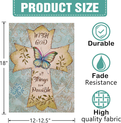 Easter Decorative 12 x 18 Religious Garden Flag Cross Double Sided Christian Faith, with God All Things are Possible Burlap Yard Decoration, Butte...