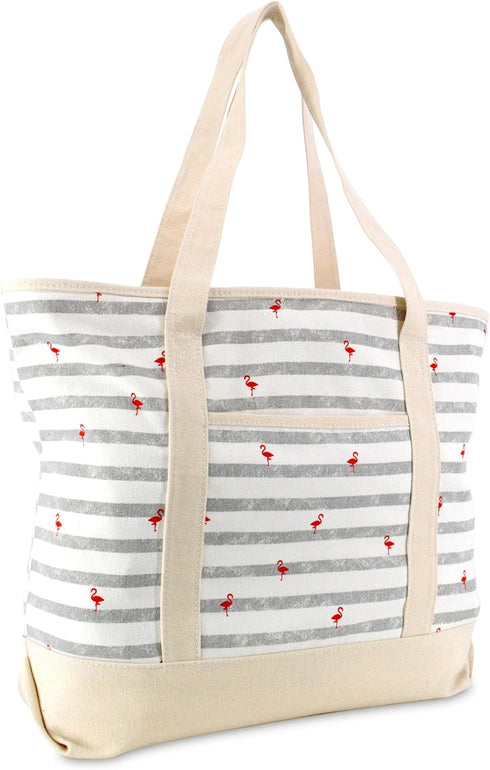 DALIX 22" Shopping Tote Bag in Heavy Cotton Canvas (Zippered Top) Gray Flamingo...