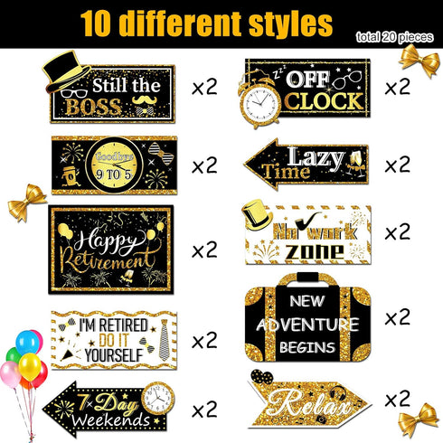 20 Pieces Retirement Party Decorations Happy Retirement banner Sign outdoor Retired Yard Directional Sign Supplies, 10 Styles(Black, Gold, White)...